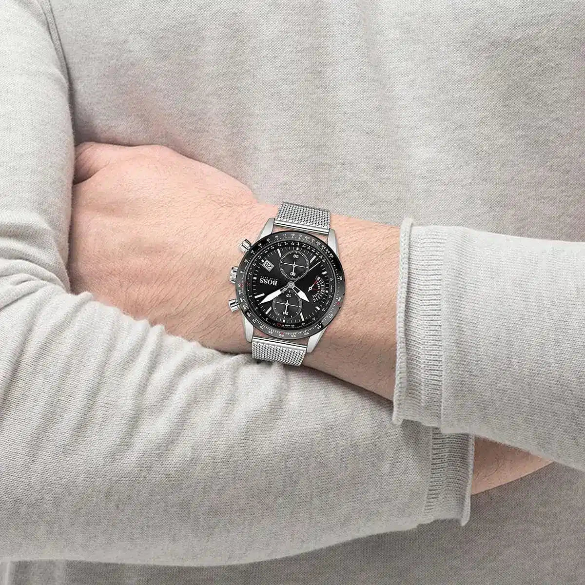Hugo Boss Pilot Chronograph watch worn on wrist with black dial and silver mesh strap