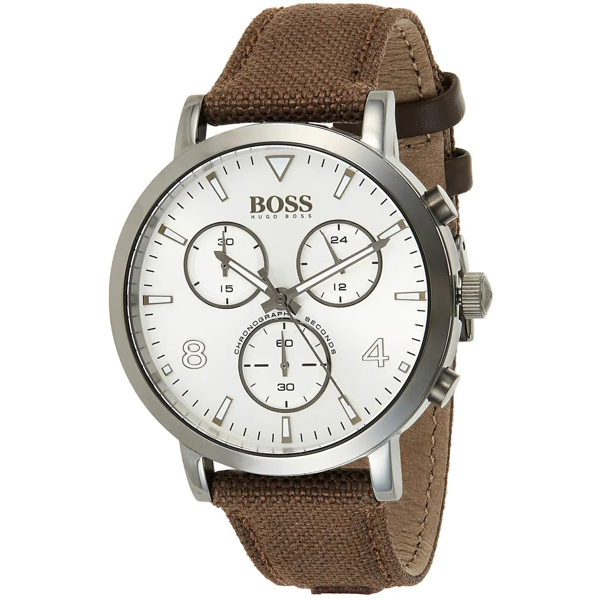 Hugo Boss PIONEER chronograph with three subdials and brown leather strap, angled view