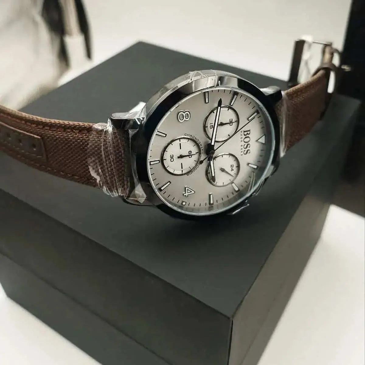 Hugo Boss PIONEER chronograph watch displayed on branded box