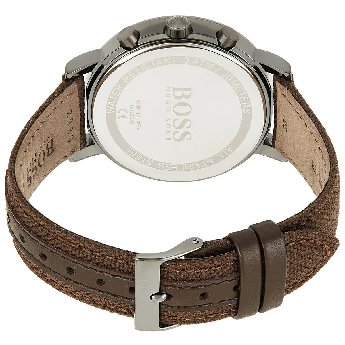 Hugo Boss PIONEER chronograph transparent caseback showing movement and brown strap