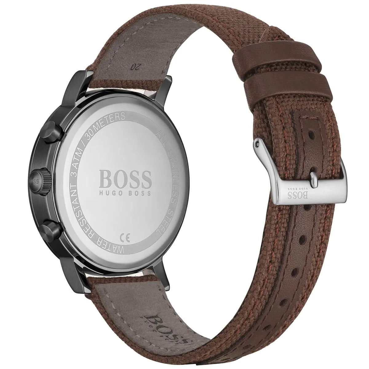 Hugo Boss PIONEER chronograph caseback with BOSS branding and leather strap
