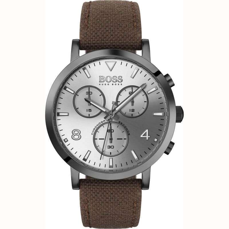 Hugo Boss PIONEER chronograph watch with silver dial and brown leather strap