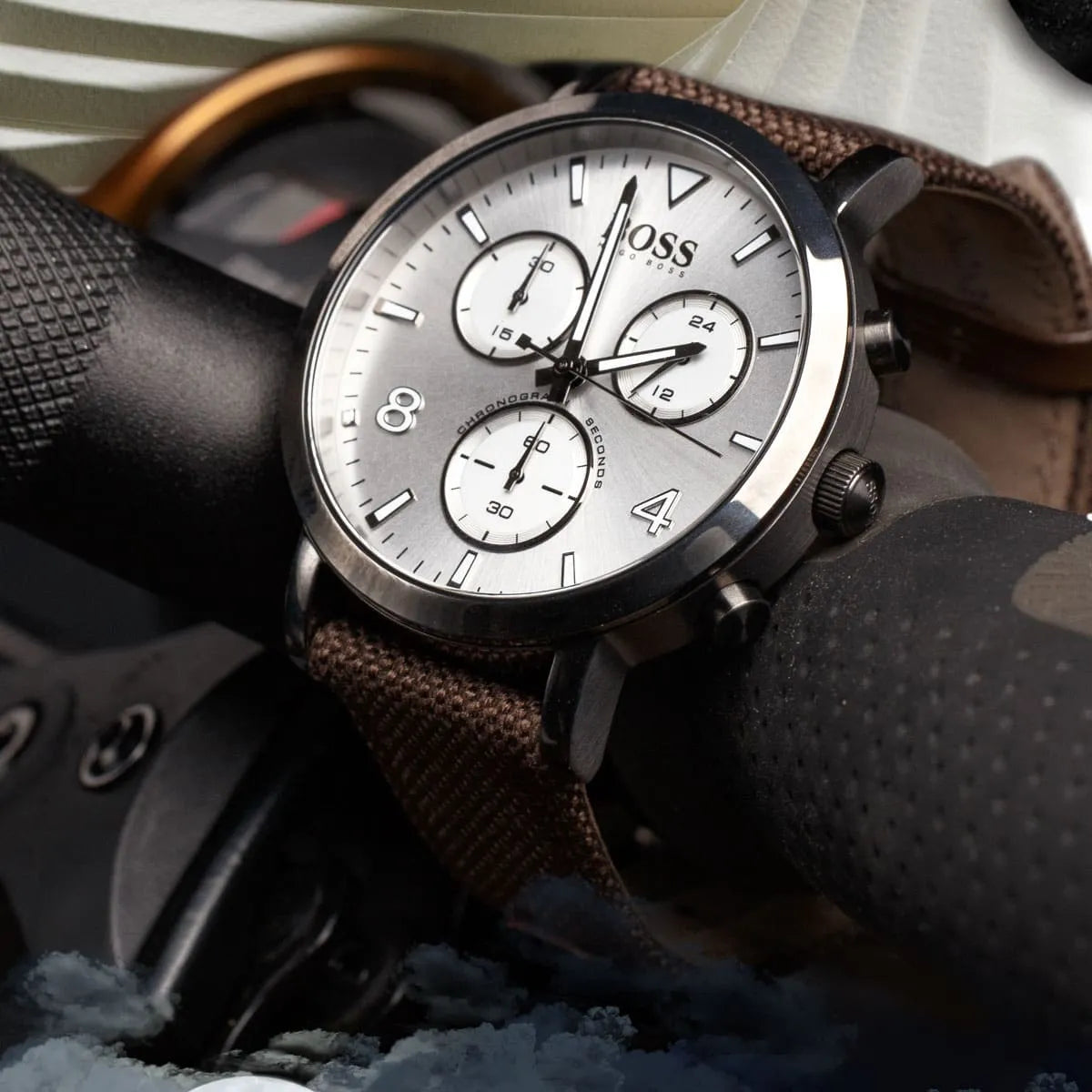 Hugo Boss PIONEER chronograph watch on wrist with brown leather strap