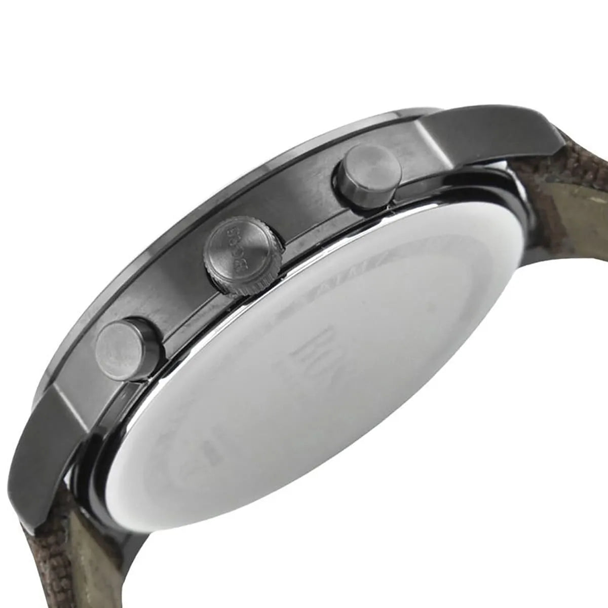 Hugo Boss PIONEER chronograph case side view showing pusher buttons and strap