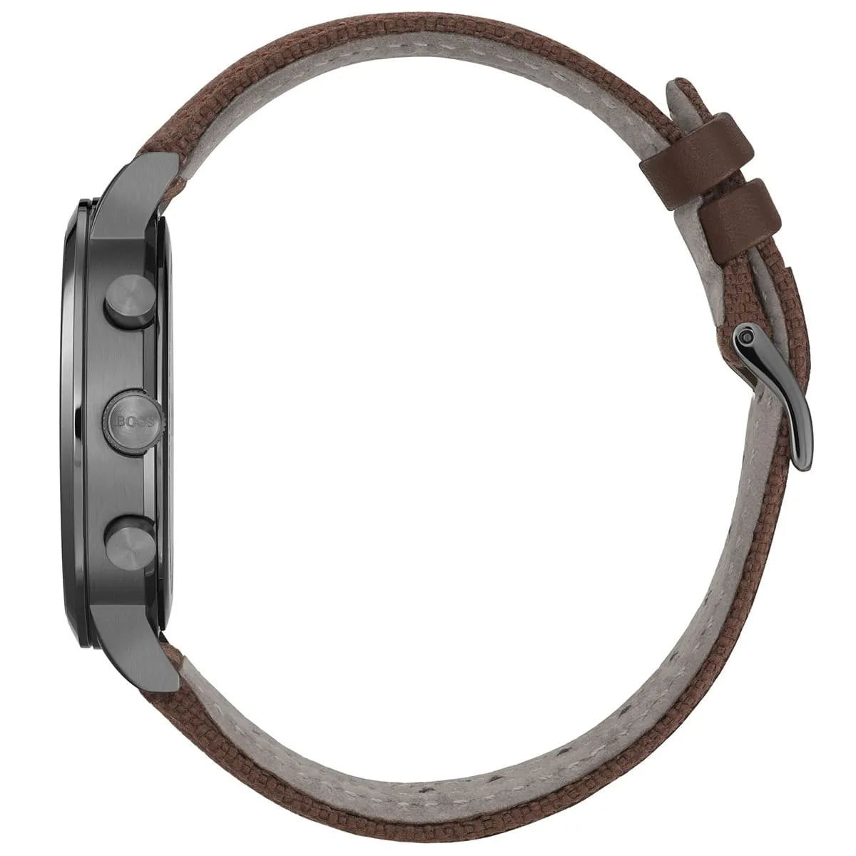 Hugo Boss PIONEER chronograph watch side profile showing case thickness and strap