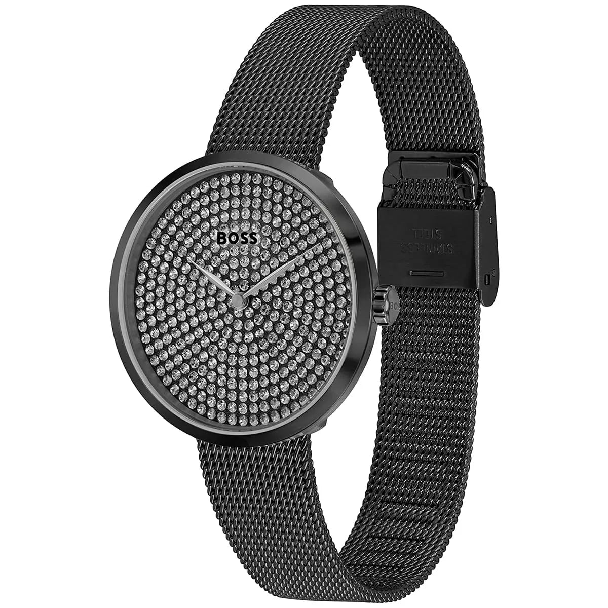 Hugo Boss Praise women's watch with black mesh bracelet angled side view