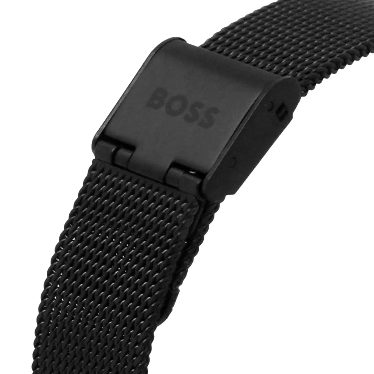 Hugo Boss Praise caseback detail with BOSS logo and mesh bracelet