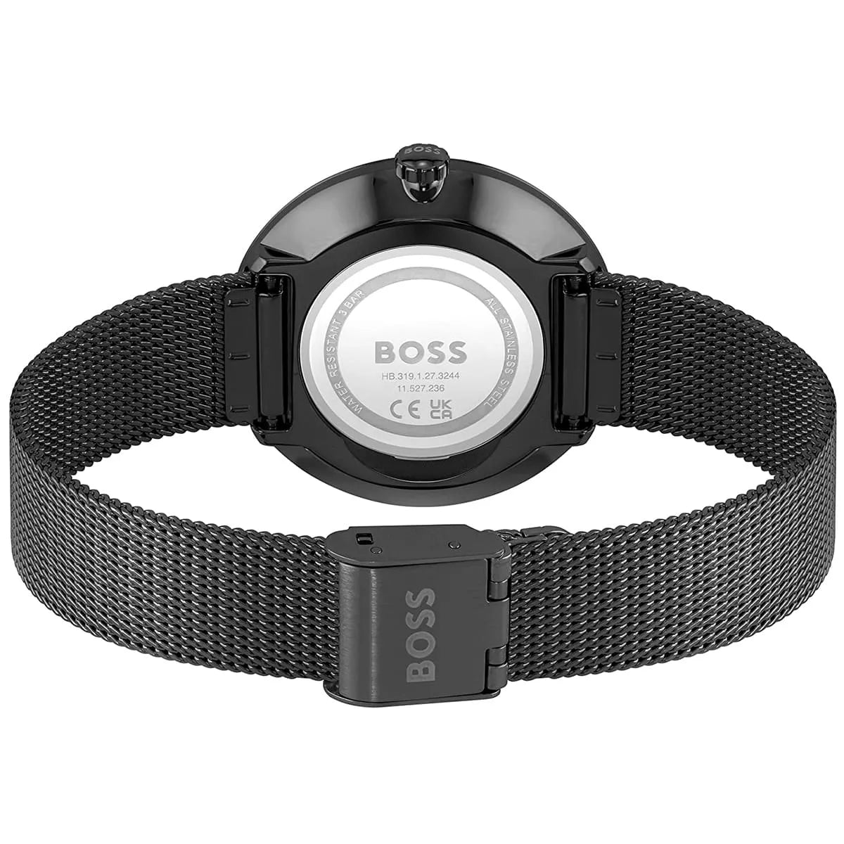 Hugo Boss Praise watch caseback showing BOSS branding and mesh bracelet