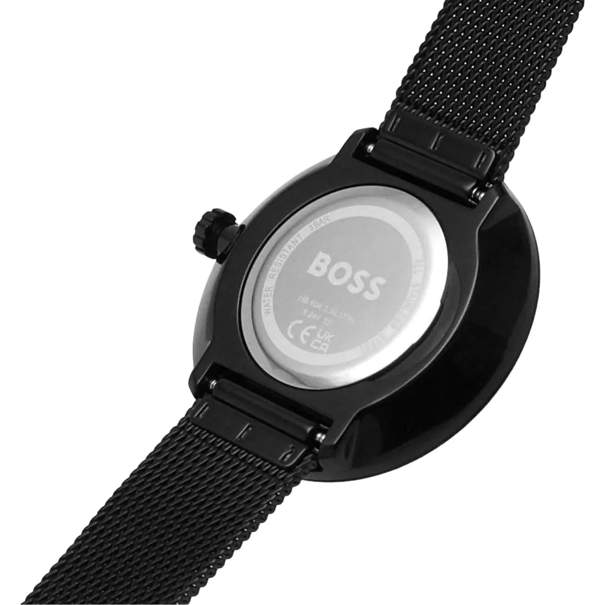 Hugo Boss Praise watch side profile showing black case and mesh strap
