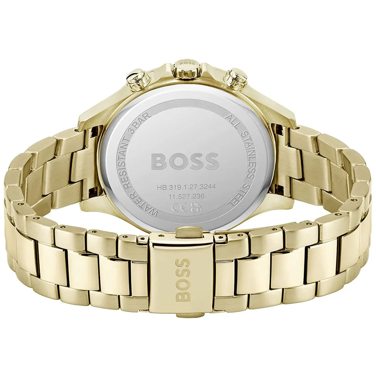 Hugo Boss Purity watch caseback showing gold stainless steel case with engraved BOSS logo and model details