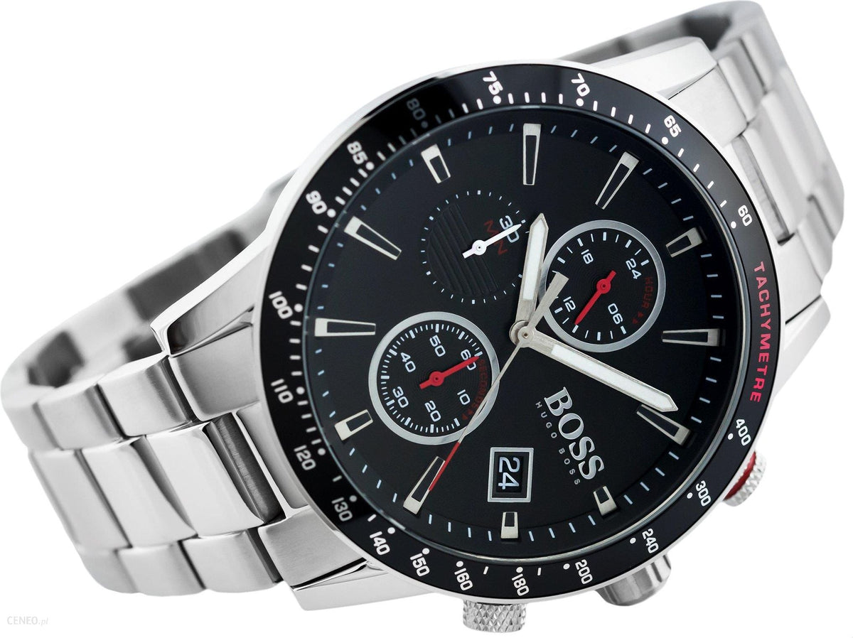 Hugo Boss Rafale 1513509 44mm chronograph watch with black dial and dual registers, side angled view