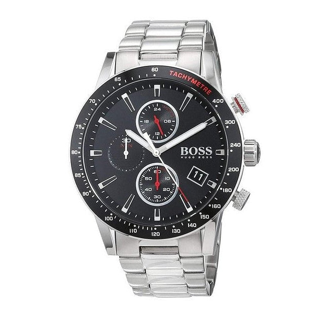 Hugo Boss Rafale 1513509 men's chronograph with dual subdials and tachymeter bezel, angled view
