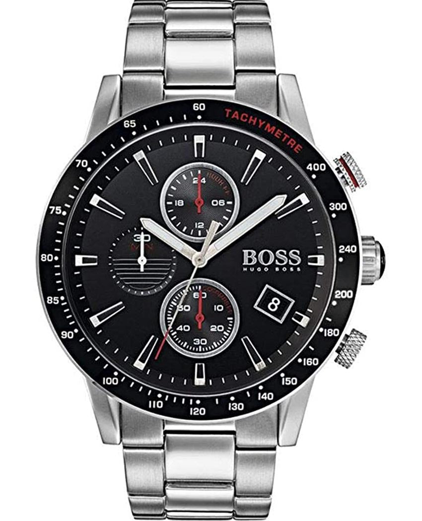 Hugo Boss Rafale 1513509 chronograph watch with black dial and stainless steel bracelet, front view