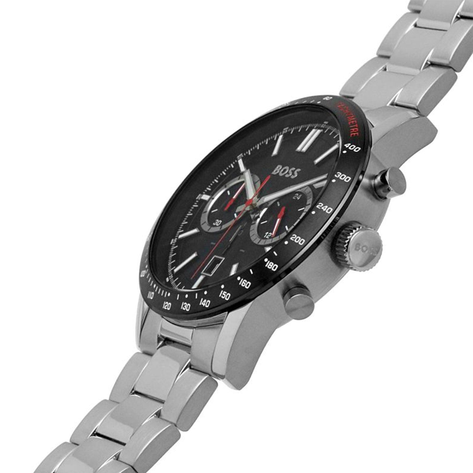 Hugo Boss Rafale 1513509 chronograph watch side profile showing case and stainless steel bracelet