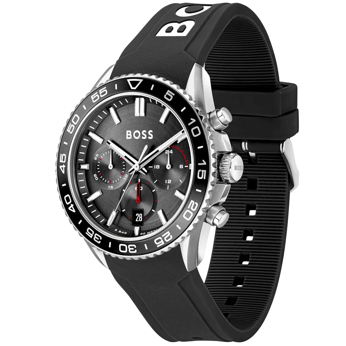 Hugo Boss Runner watch side angle showing chronograph subdials and rubber strap
