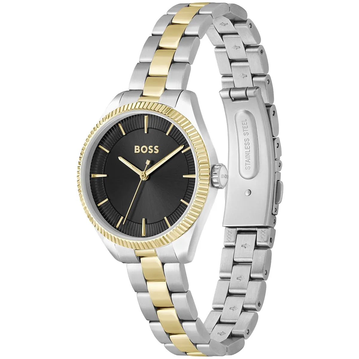 Side angle view of Hugo Boss Sage watch with two-tone silver and gold strap