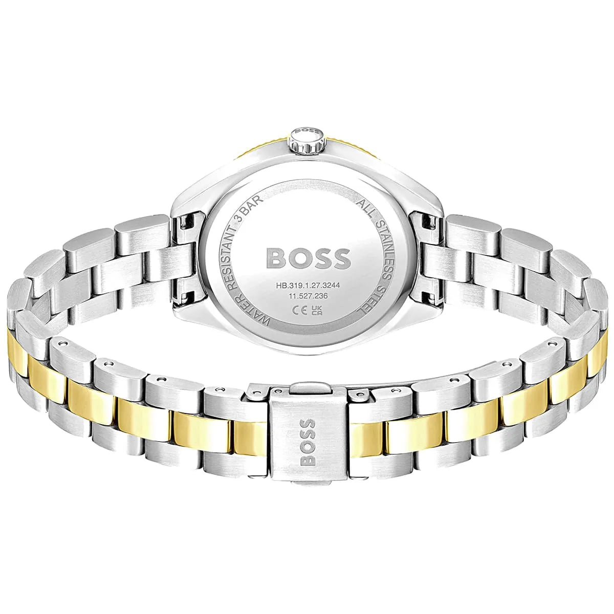 Caseback view of Hugo Boss Sage watch showing stainless steel with two-tone design