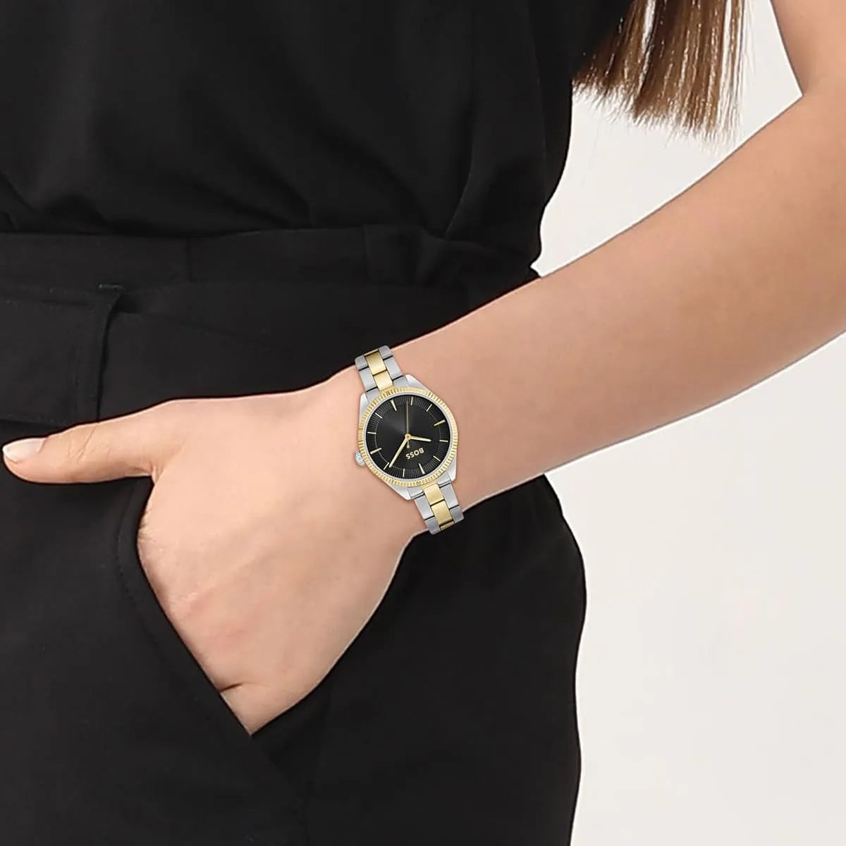Hugo Boss Sage women's watch worn on wrist with black dial and two-tone strap