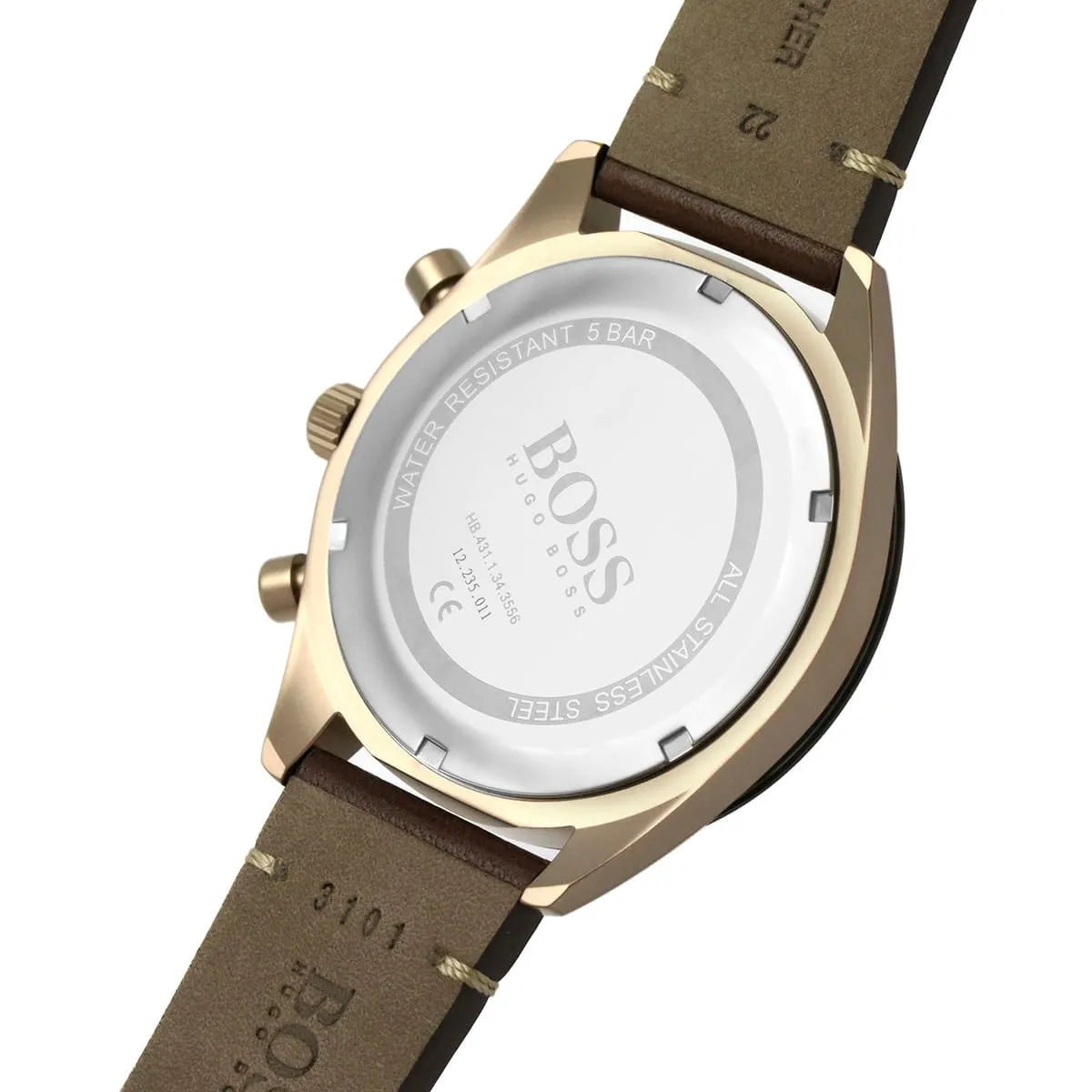 Hugo Boss Santiago watch case back detail showing water resistance and specifications