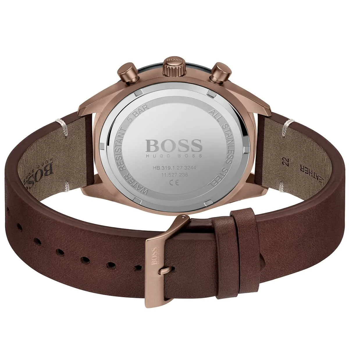 Hugo Boss Santiago watch caseback showing stainless steel with engraved BOSS branding
