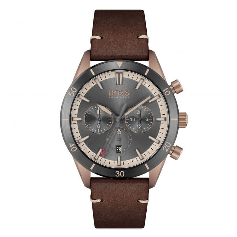 Hugo Boss Santiago chronograph watch with grey dial and brown leather strap, front view
