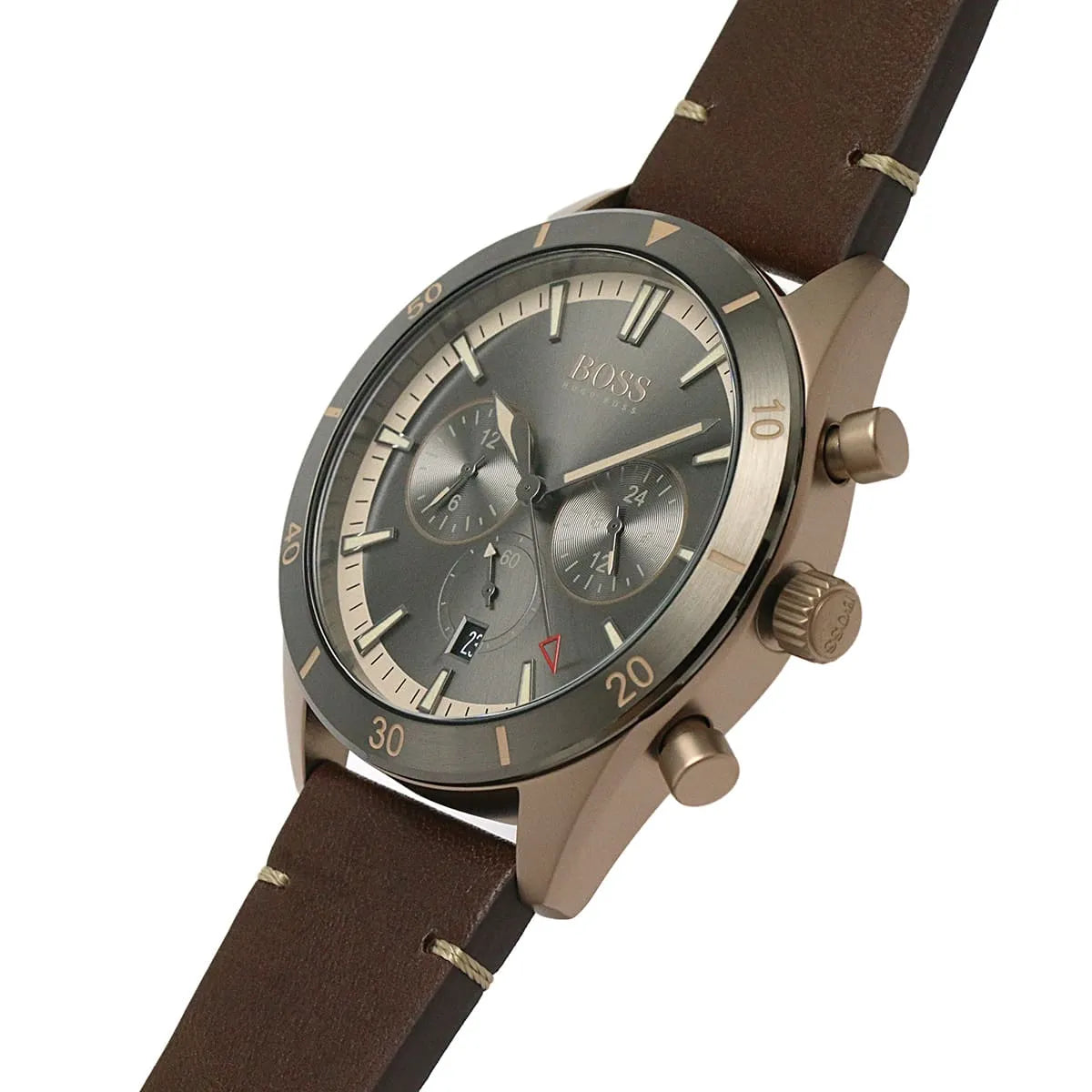 Hugo Boss Santiago chronograph watch side profile with brown leather strap and rose gold case