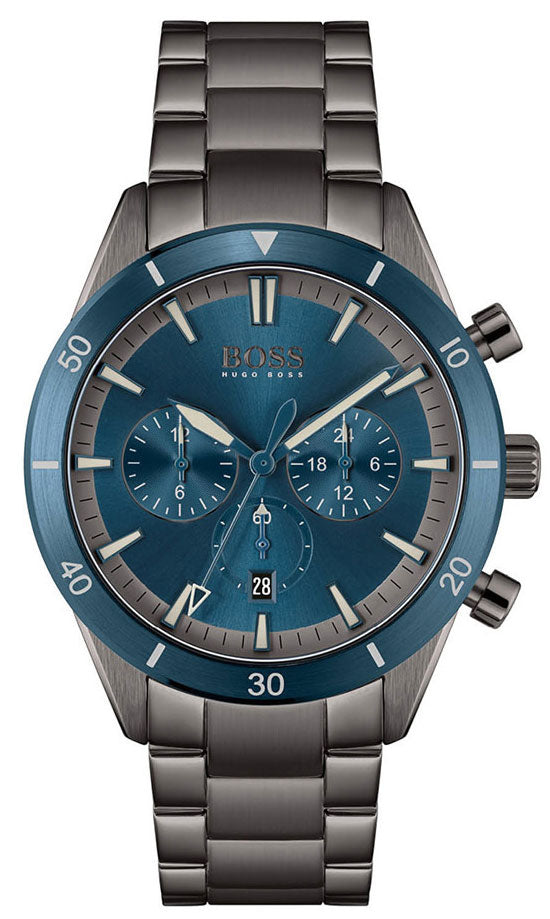 Hugo Boss Santiago grey chronograph watch with blue dial and stainless steel bracelet