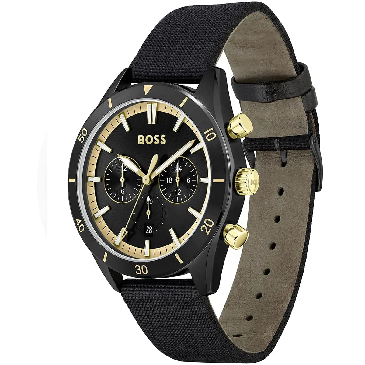 Side angle view showing black fabric strap and tan leather interior detail of Santiago watch