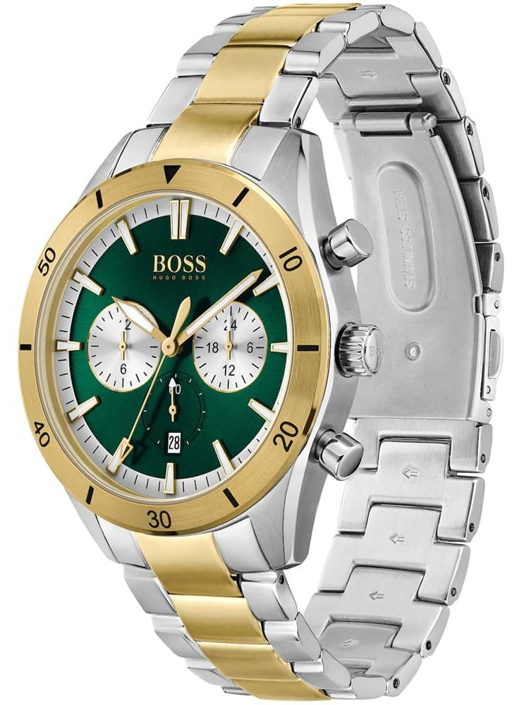 Hugo Boss Santiago two-tone chronograph watch displayed at angle showing side profile