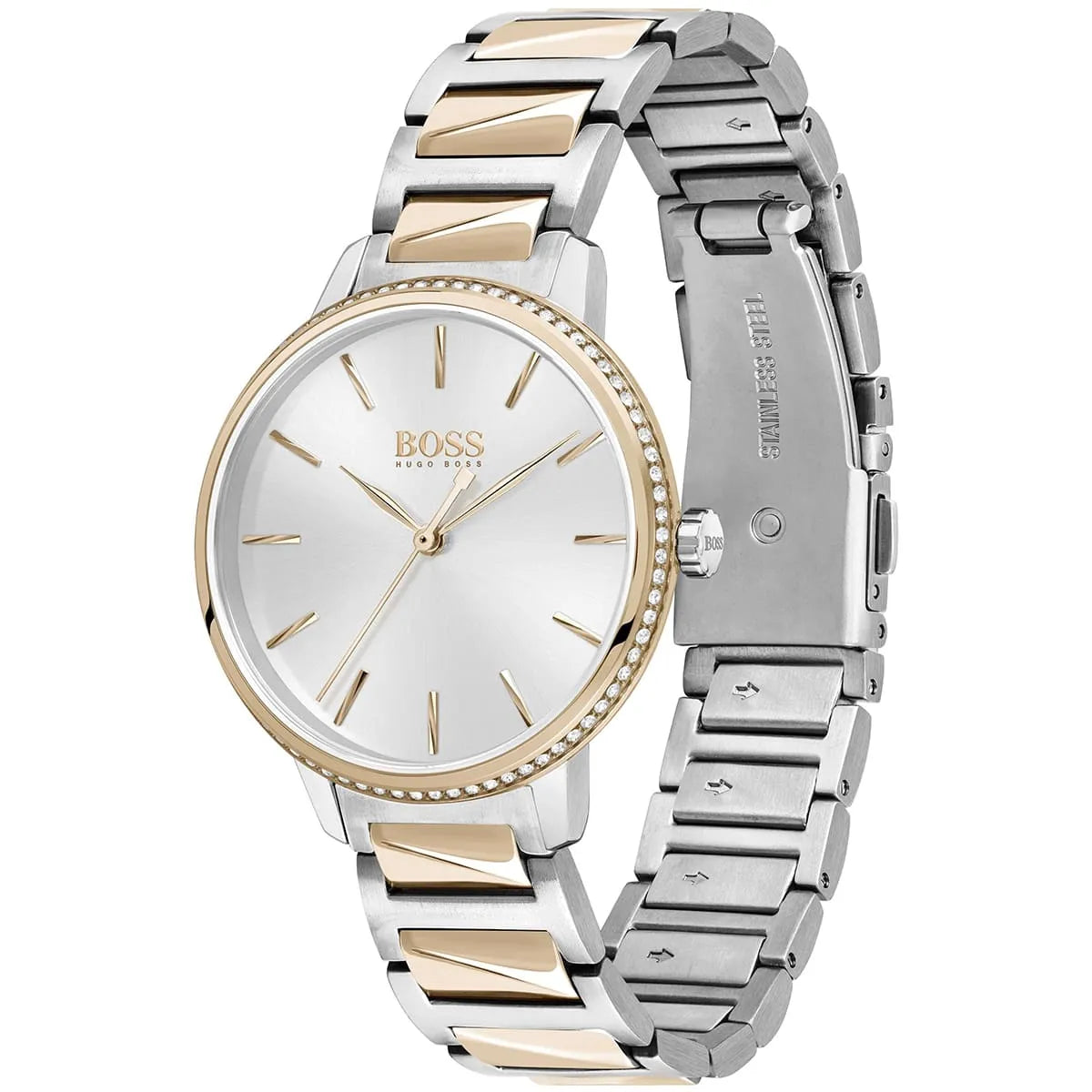 Hugo Boss Signature watch angled view showing two-tone steel and rose gold strap detail