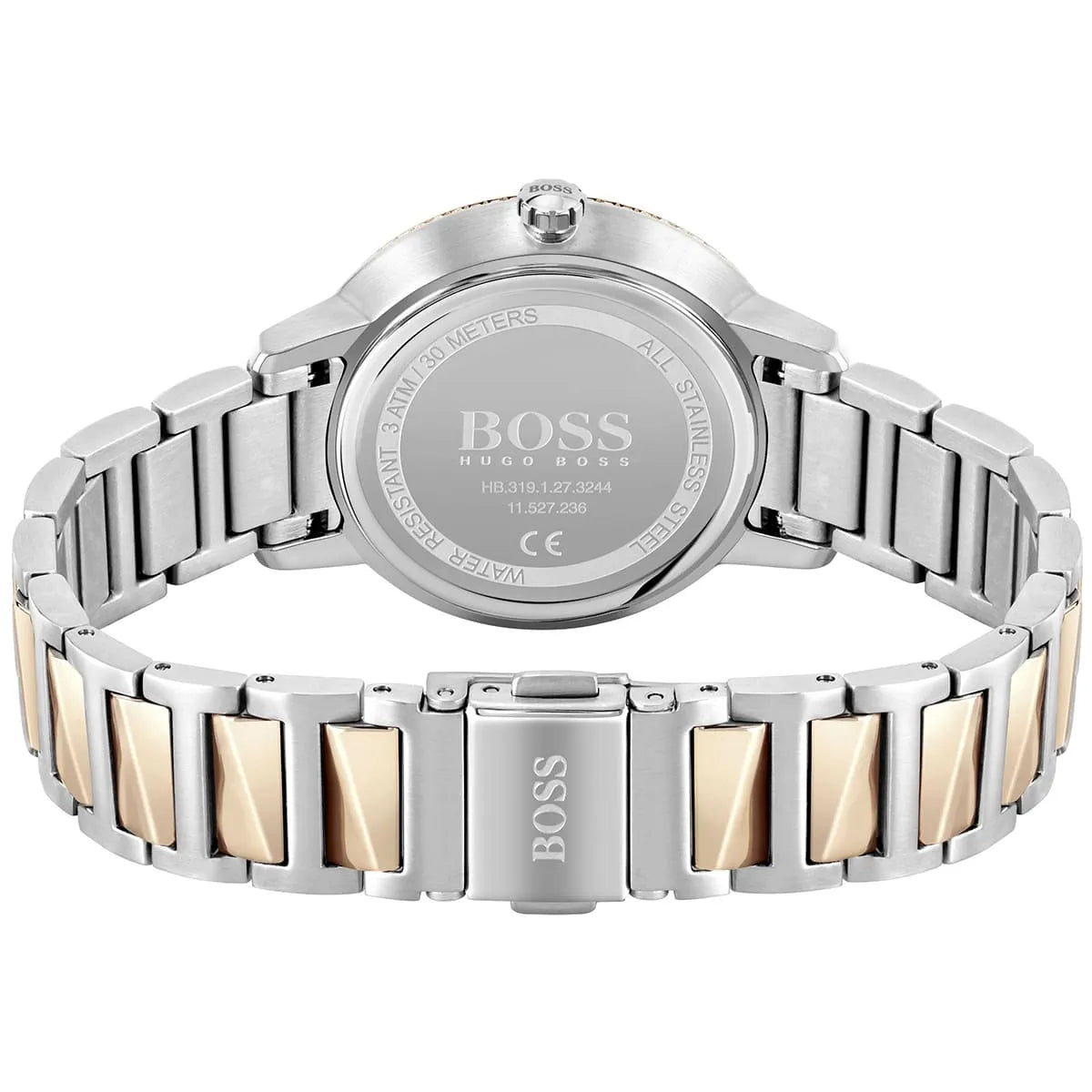 Hugo Boss Signature watch caseback with steel two-tone strap visible
