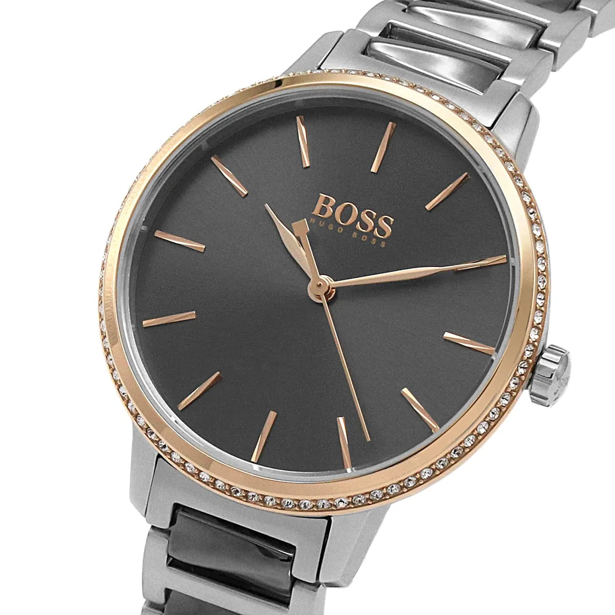 Hugo Boss Signature grey dial detail with rose gold hour markers and bezel