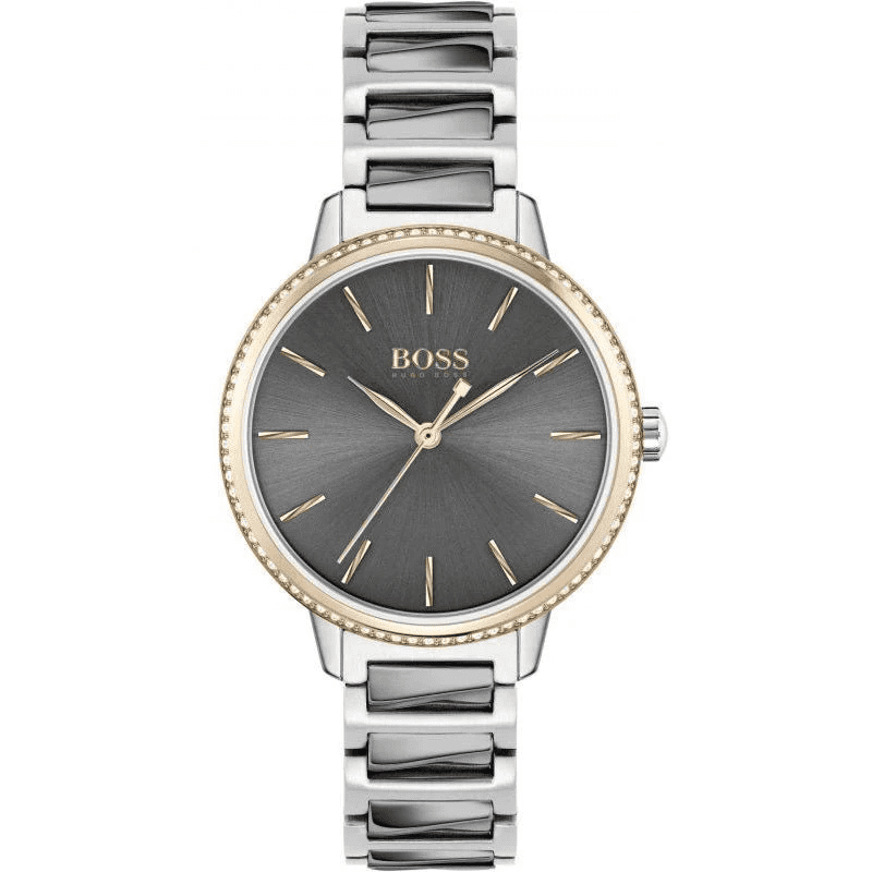 Hugo Boss Signature grey dial watch with rose gold bezel and silver steel strap