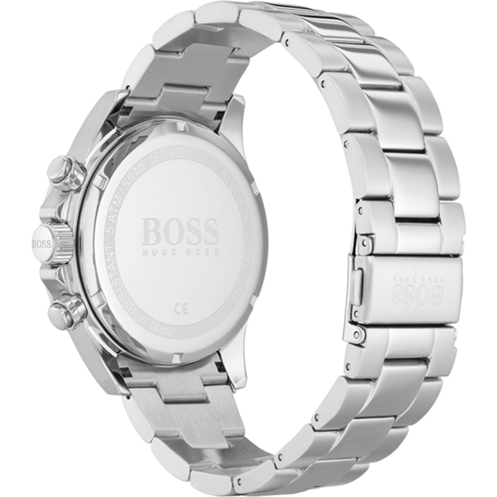 Hugo Boss watch caseback and stainless steel bracelet side view