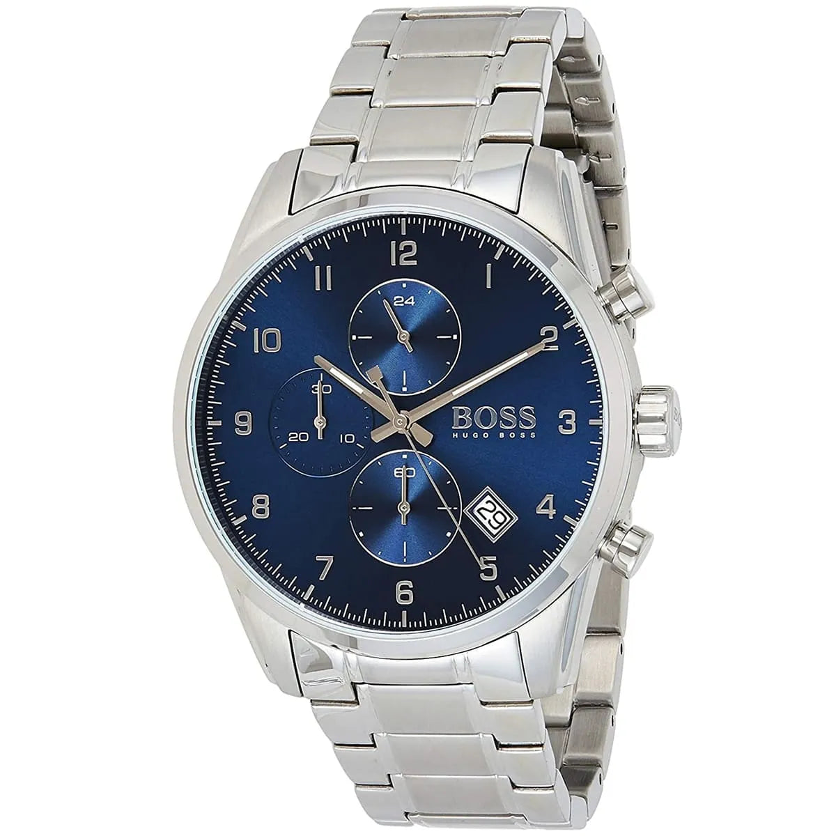 Hugo Boss Skymaster blue dial chronograph watch at three-quarter angle with silver steel strap