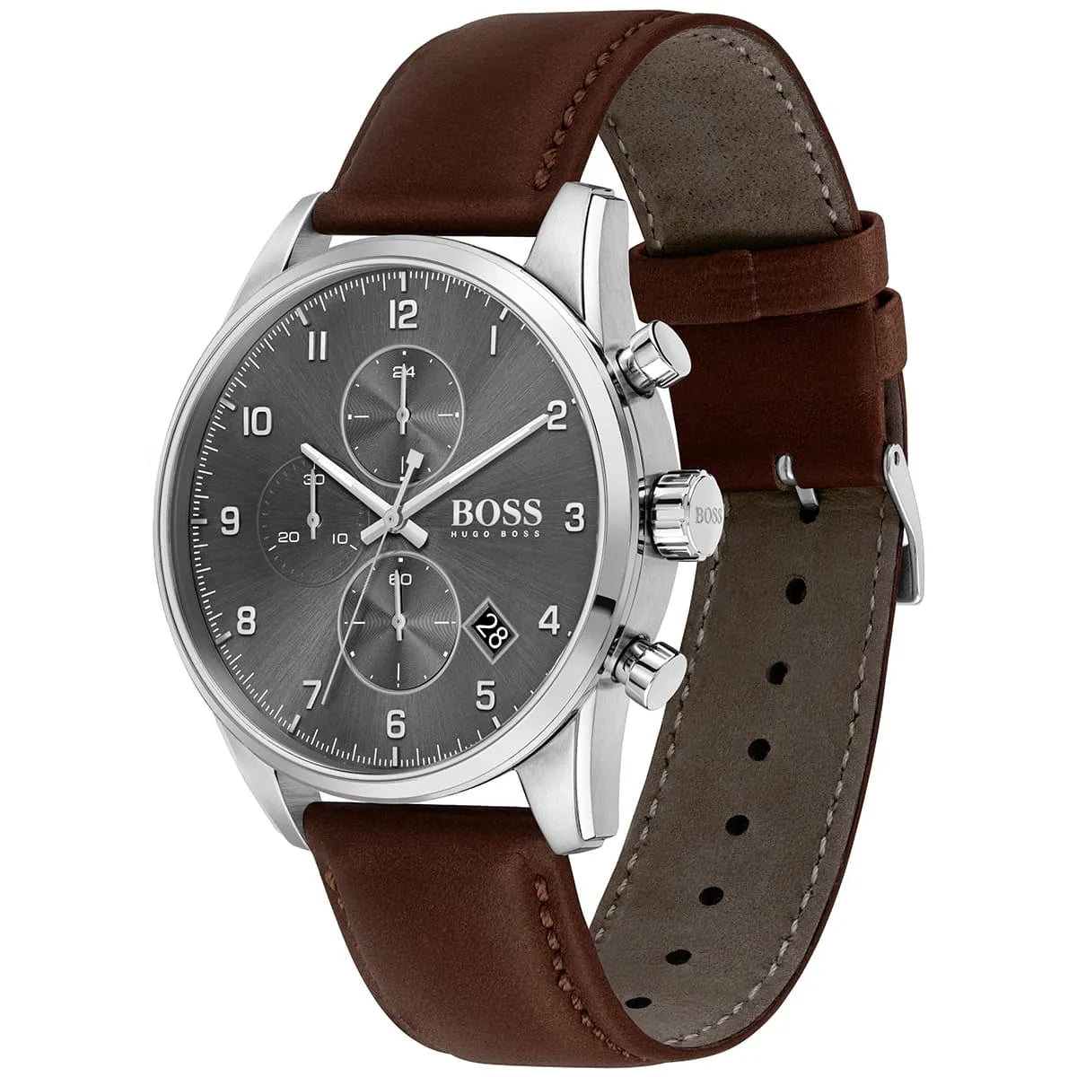 Hugo Boss Skymaster Chronograph Grey Dial Brown Leather Strap Watch for Men - 1513787