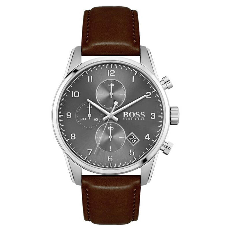 Hugo Boss Skymaster Chronograph Grey Dial Brown Leather Strap Watch for Men - 1513787