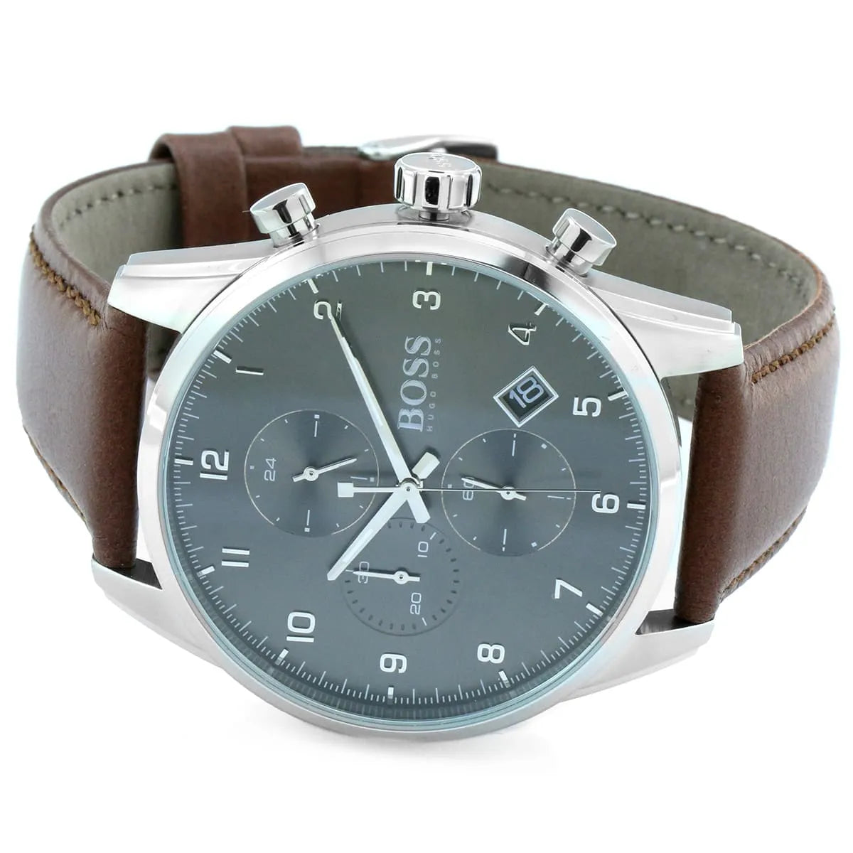 Hugo Boss Skymaster Chronograph Grey Dial Brown Leather Strap Watch for Men - 1513787