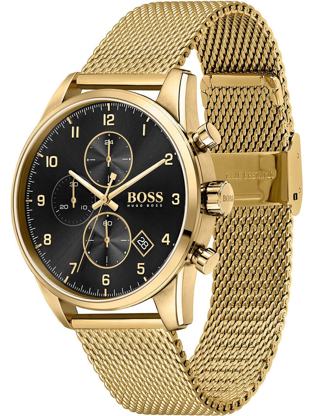 Hugo Boss Skymaster gold mesh watch shown from three-quarter angle with mesh strap visible