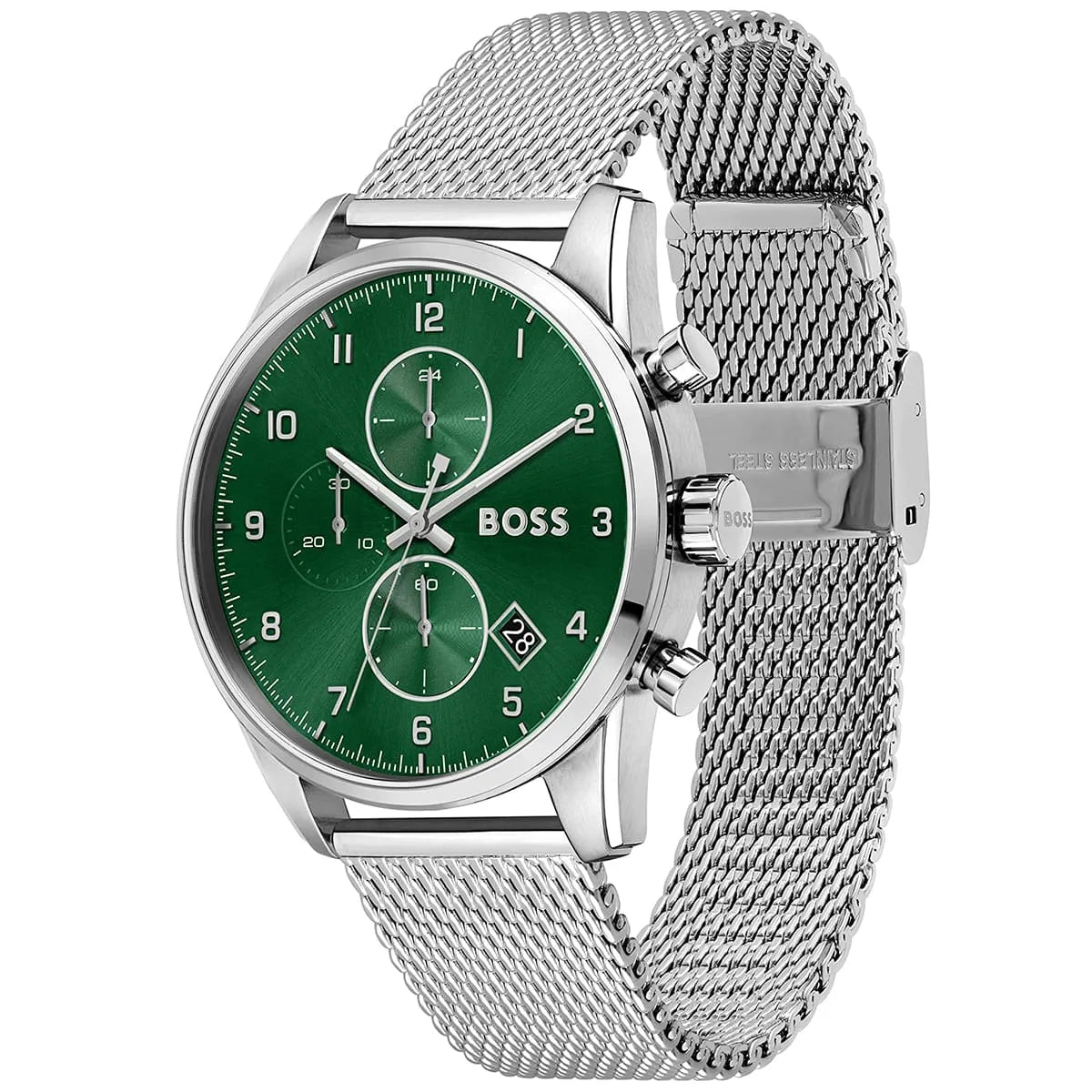 Hugo Boss Skymaster watch showing green dial and full silver mesh strap at angle