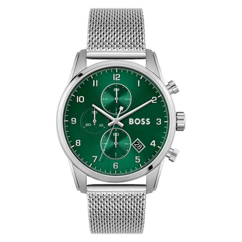 Hugo Boss Skymaster chronograph watch with green dial and silver mesh bracelet