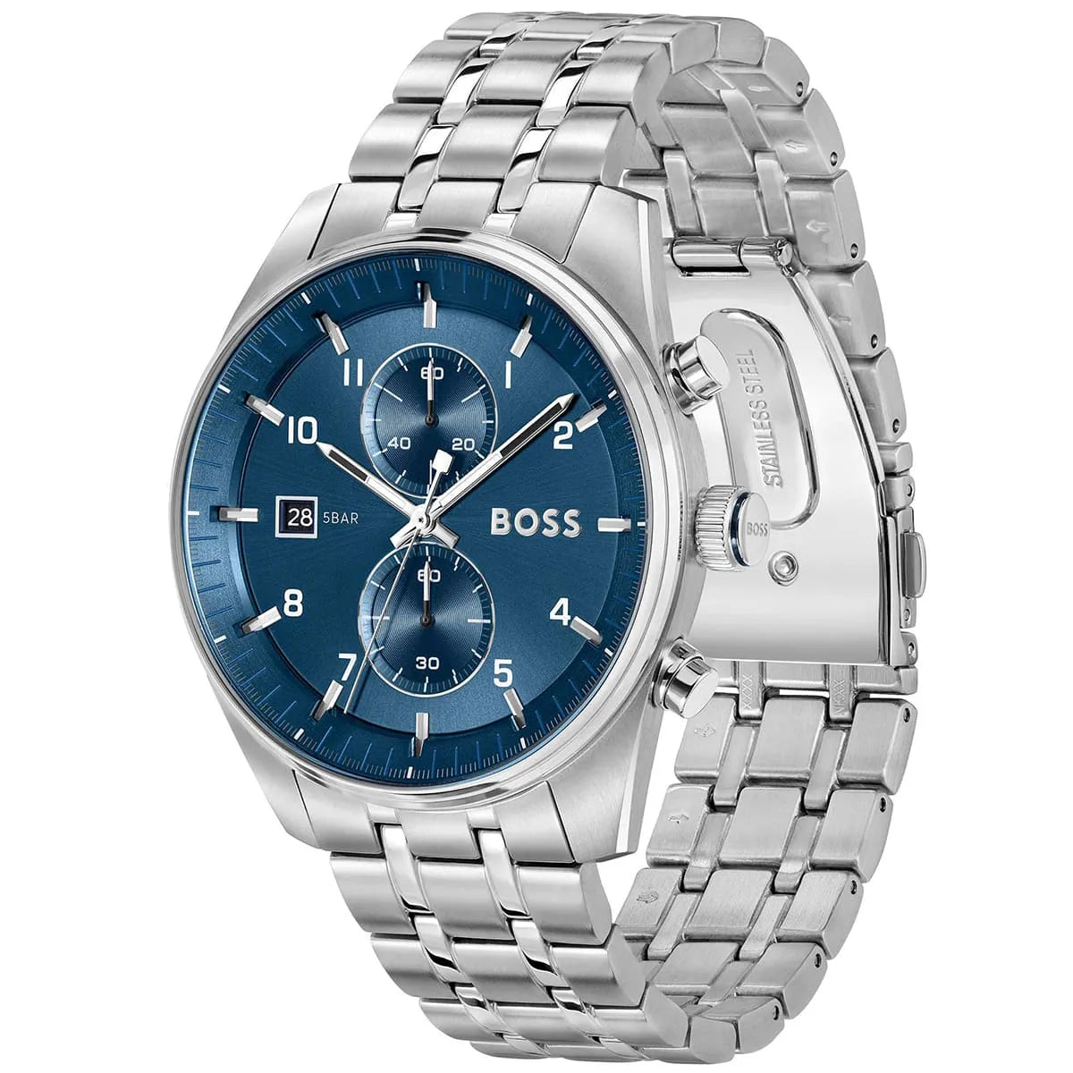 Hugo Boss Skytraveller watch angled view showing blue dial and metal strap