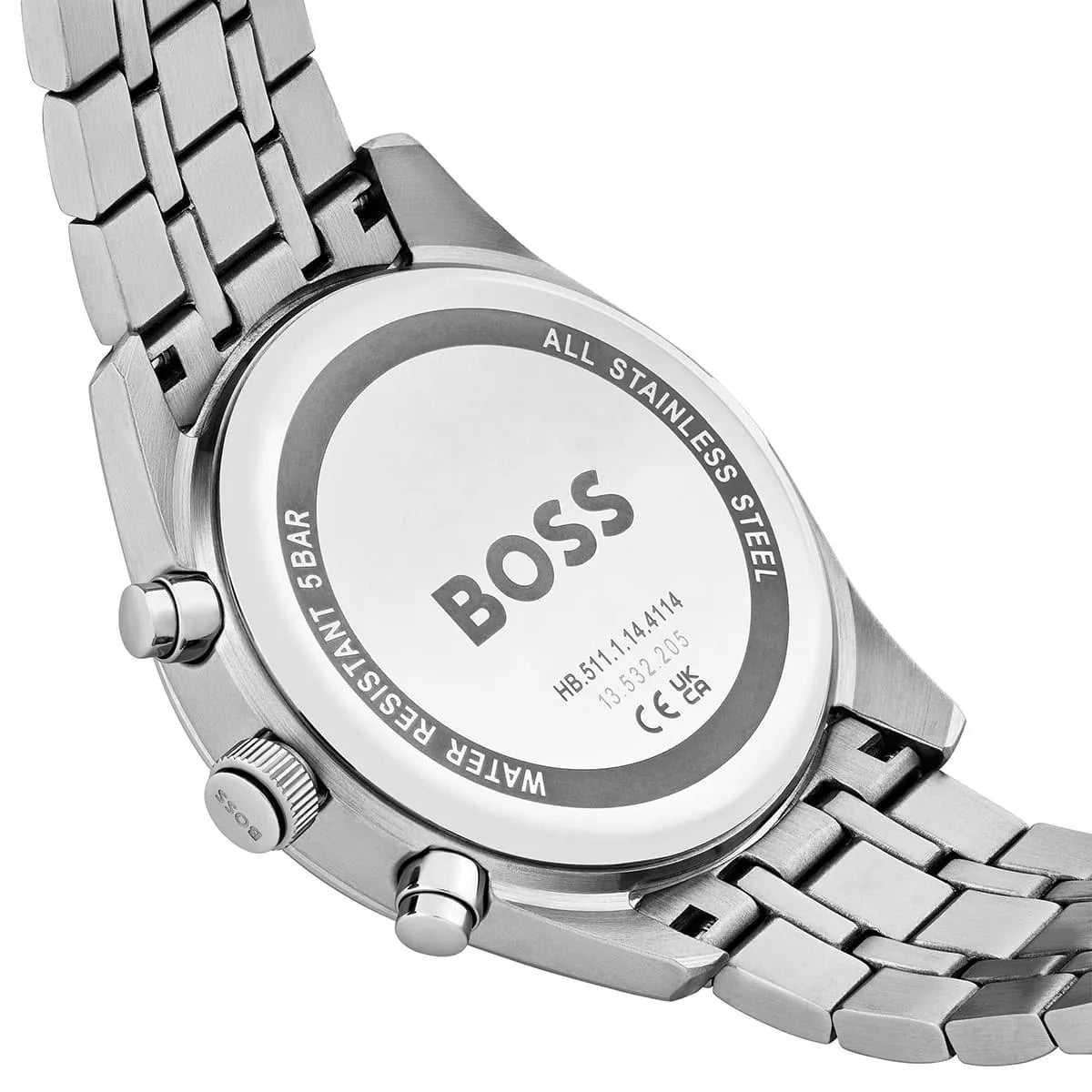 Close-up of Hugo Boss Skytraveller blue chronograph dial with subdials and steel strap