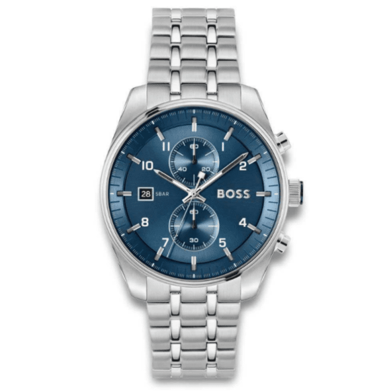 Hugo Boss Skytraveller silver men's watch with blue chronograph dial and steel bracelet
