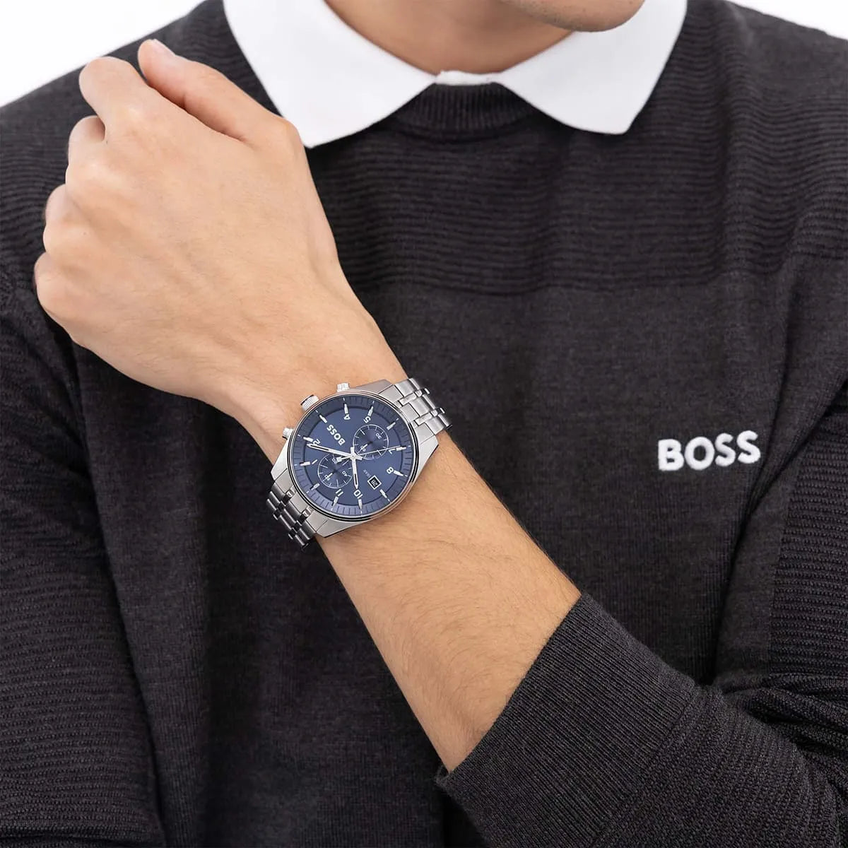 Hugo Boss Skytraveller men's watch worn on wrist with blue dial and chronograph subdials