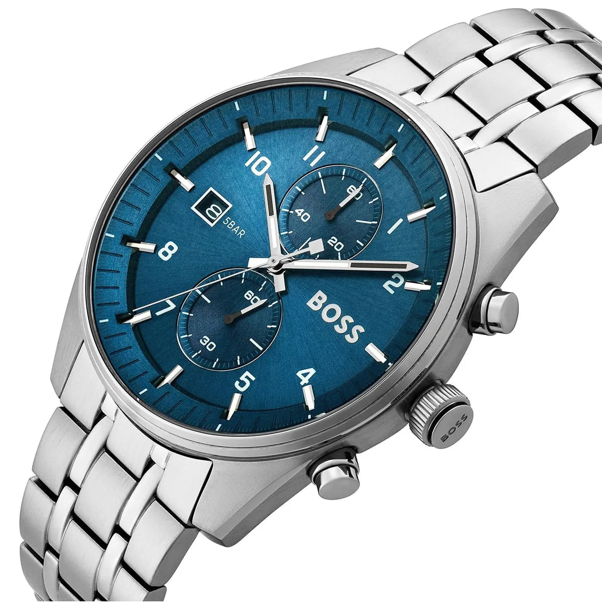 Hugo Boss Skytraveller watch side profile showing chronograph pushers and steel bracelet