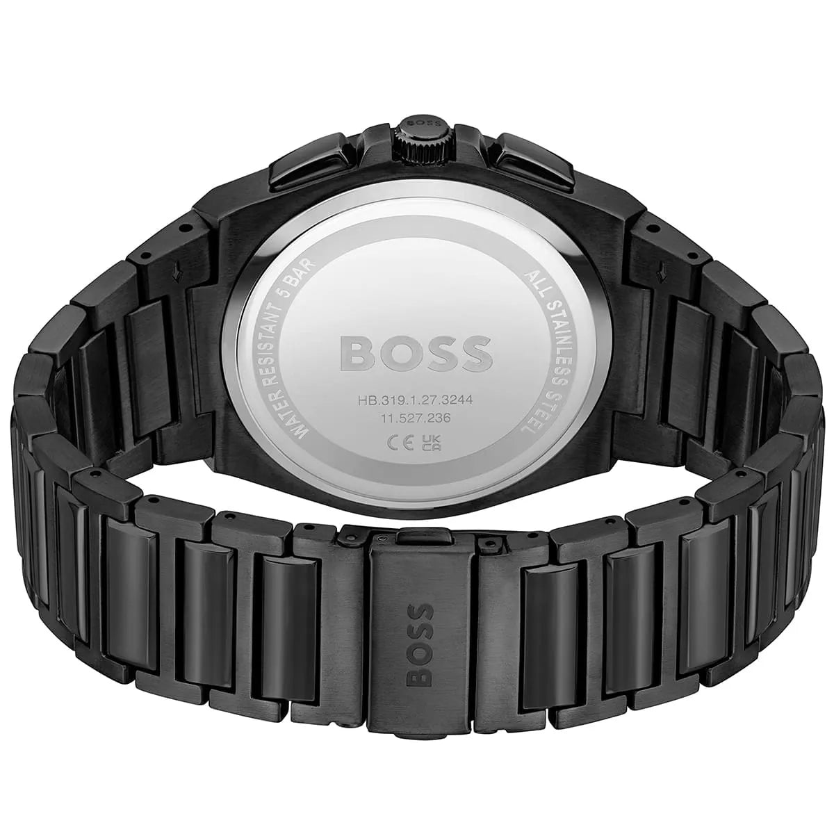 Hugo Boss Steer watch caseback showing stainless steel back with branding and specifications
