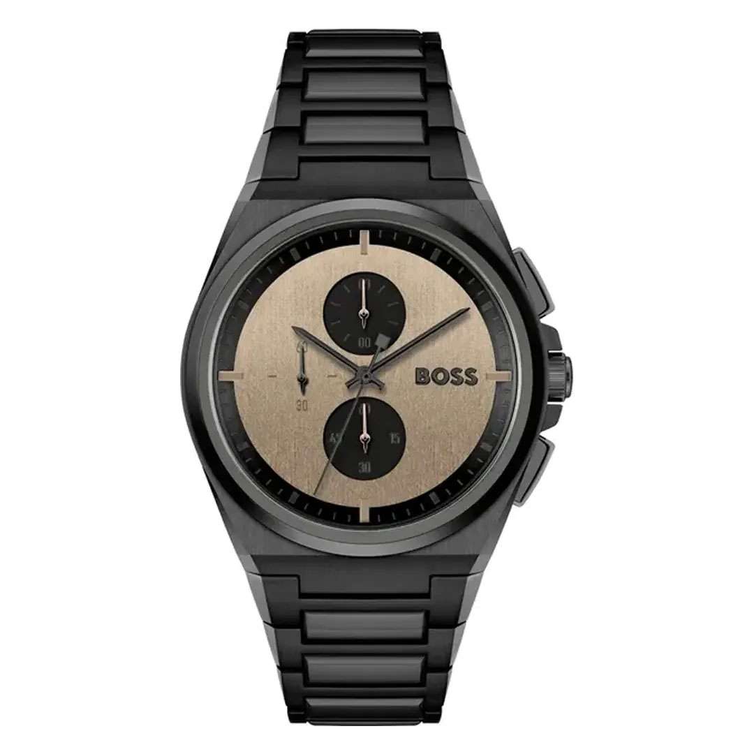 Hugo Boss Steer chronograph watch with brown dial and black steel bracelet strap