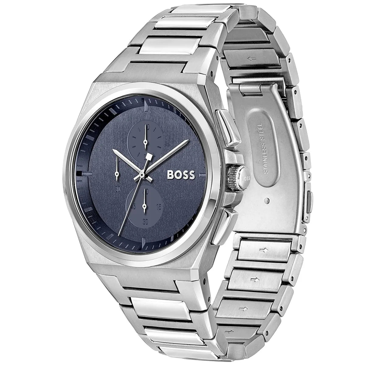 Hugo Boss Steer chronograph watch three-quarter view showing blue dial and metal bracelet
