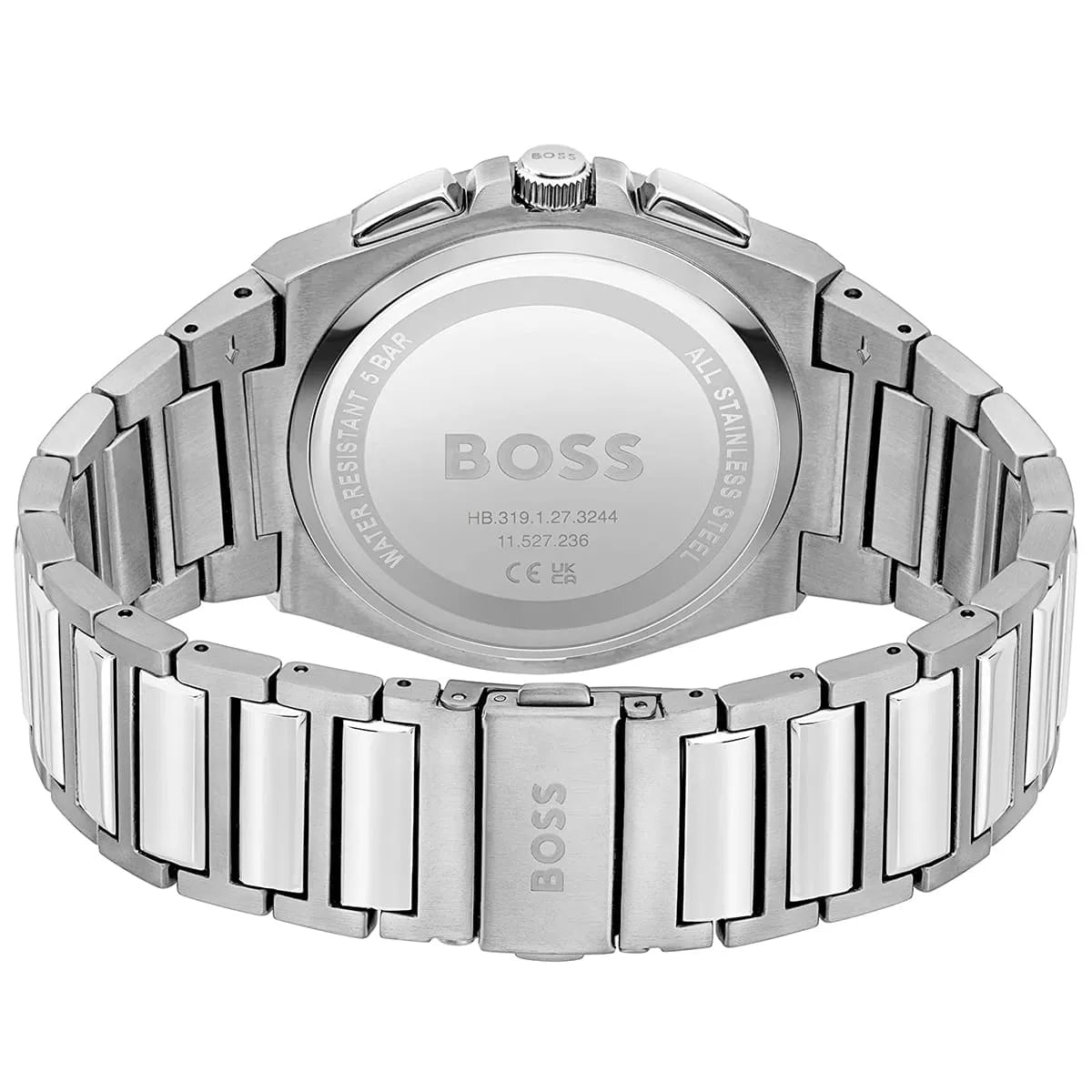 Hugo Boss Steer watch caseback showing stainless steel back and bracelet detail